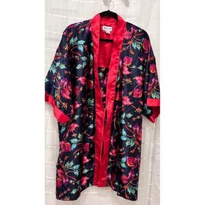 Sante Classics Womens Navy Tropical Floral Satin Robe Kimono Red Trim Large